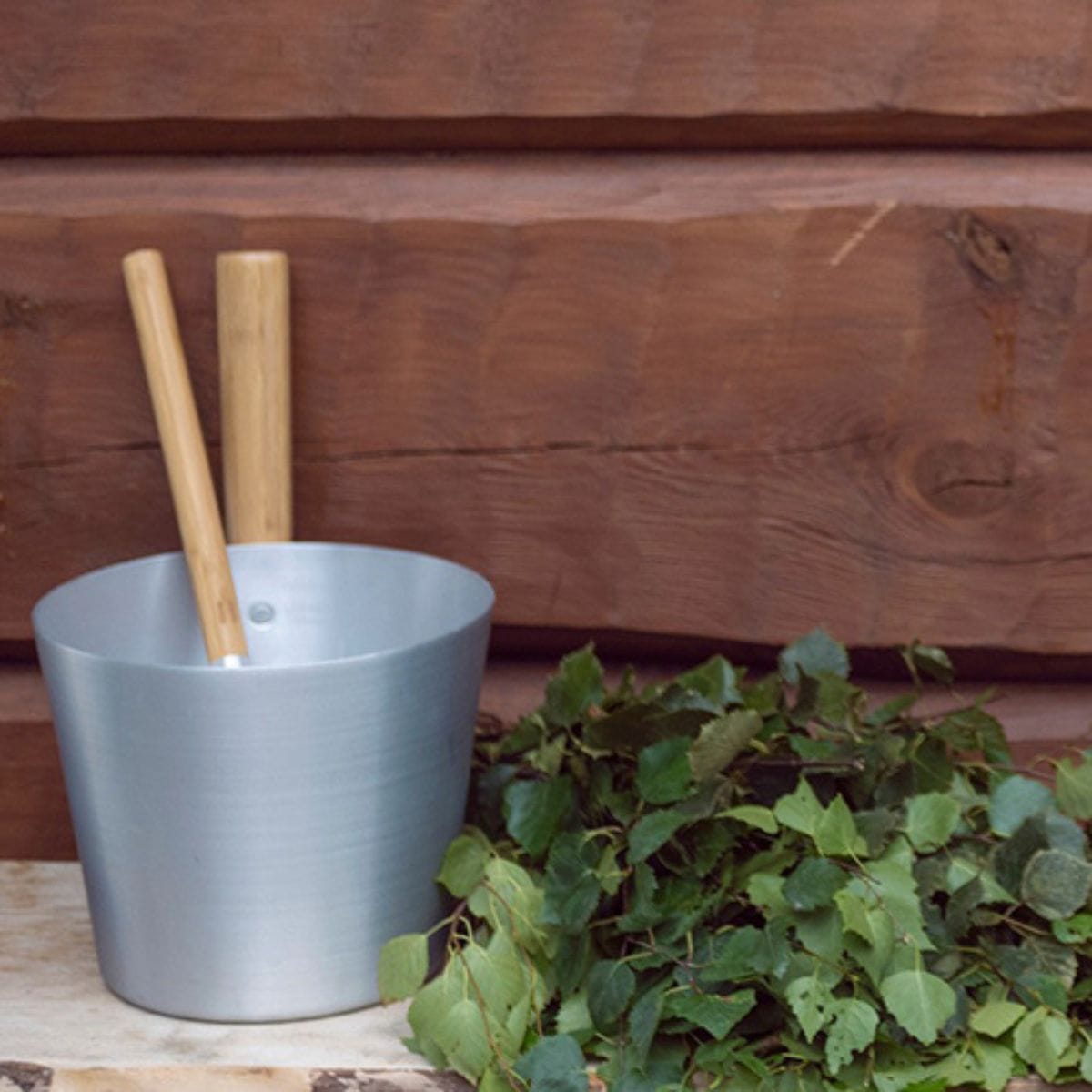 Rento Aluminum 5L Sauna Bucket with Thermo Bamboo Straight Handle - Natural