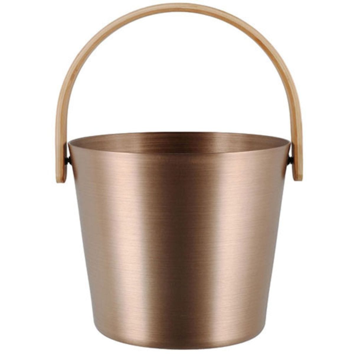 Bronze metal bucket with a wooden handle on a white background