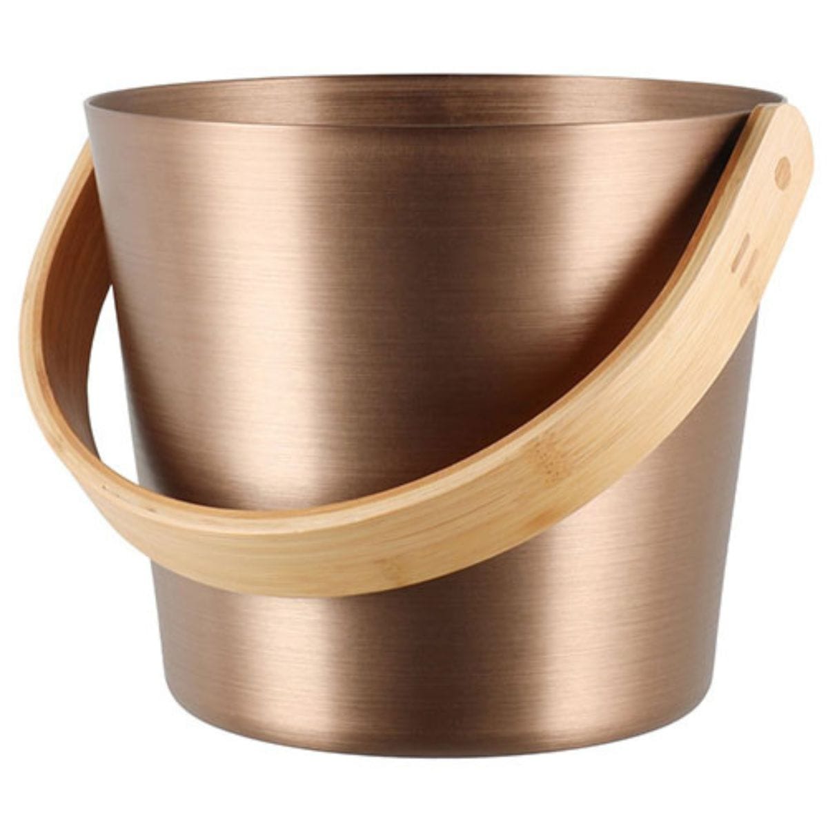 Bronze-colored metal bucket with wooden handle on a white background