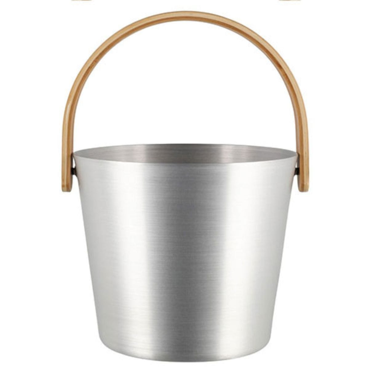 Stainless steel bucket with a wooden handle on a white background