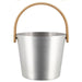 Stainless steel bucket with a wooden handle on a white background