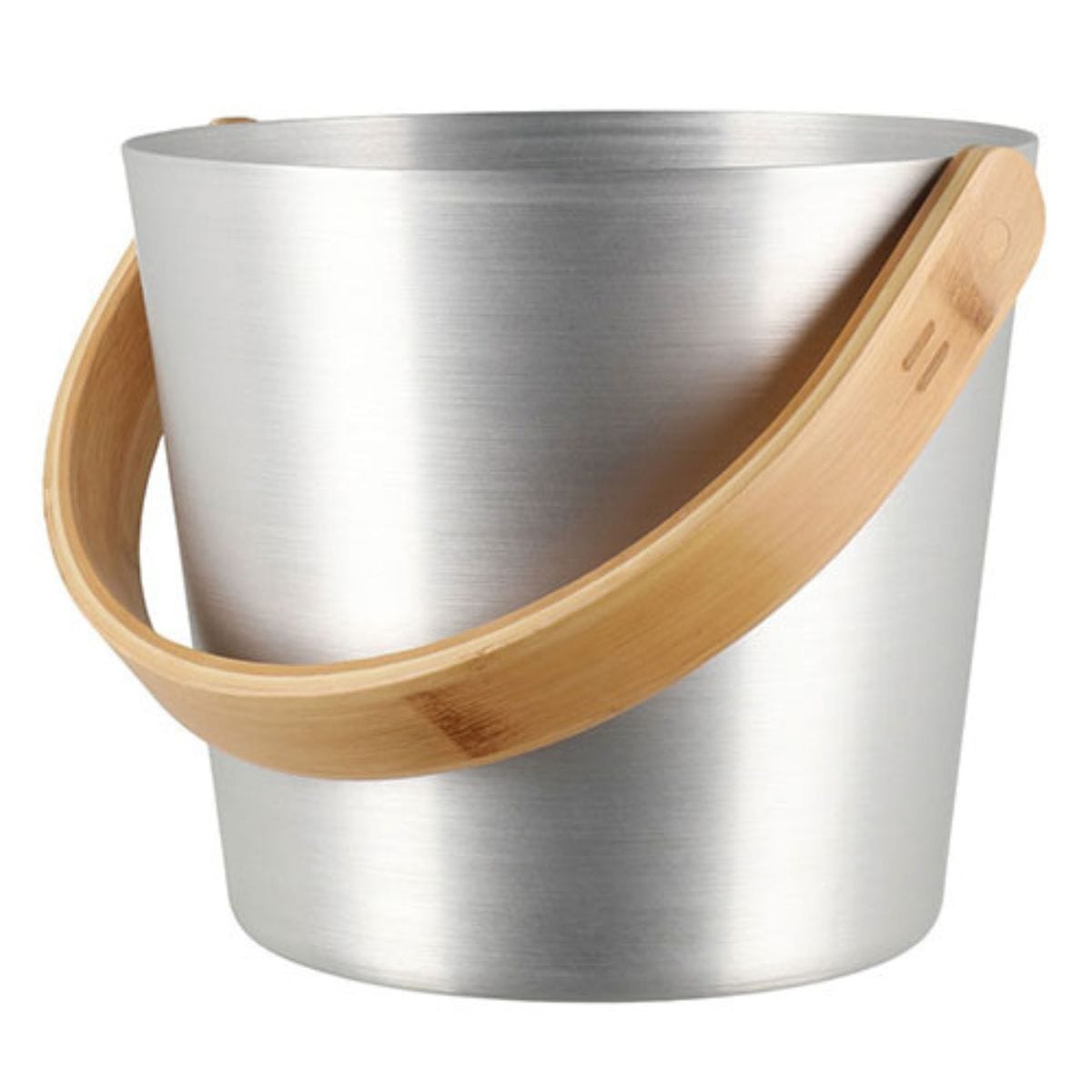 Metallic bucket with a wooden handle on a white background