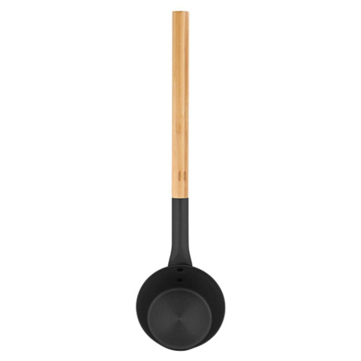 Black ladle with a wooden handle on a white background