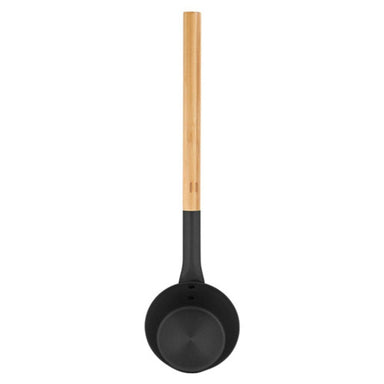 Black ladle with a wooden handle on a white background