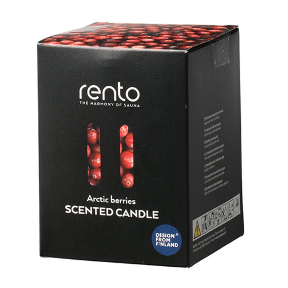 Rento scented candle packaging with arctic berries design on a white background