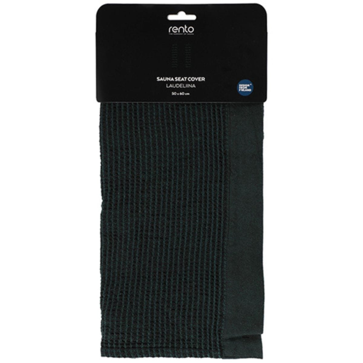 Dark green sauna seat cover with 'renta' branding on a white background