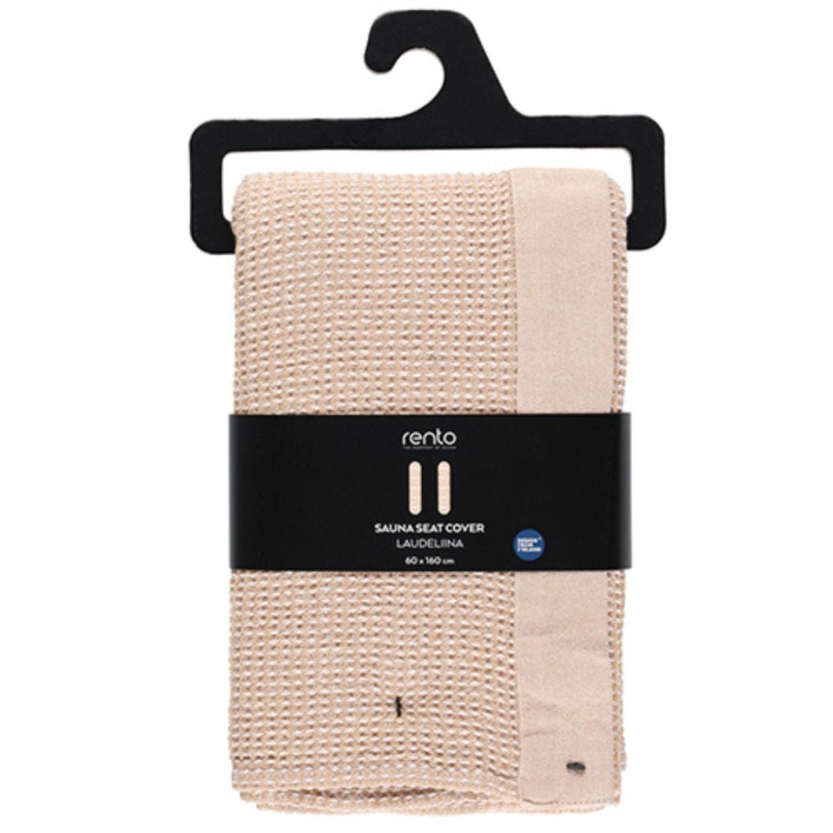 Beige sauna seat cover with a black hanger and Rento label on a white background