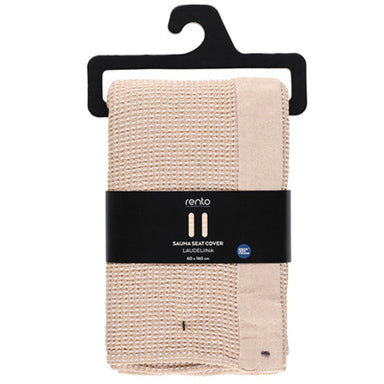 Beige sauna seat cover with a black hanger and Rento label on a white background