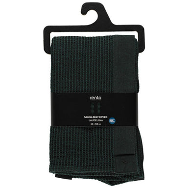 Dark green sauna seat cover on a hanger with Rento branding.