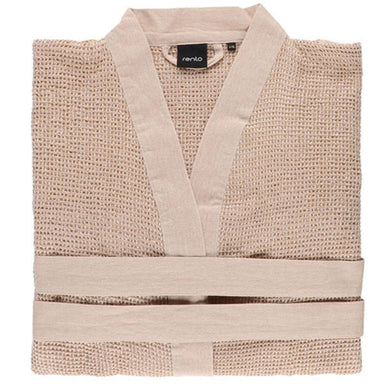 Beige textured robe with a visible brand label on a white background