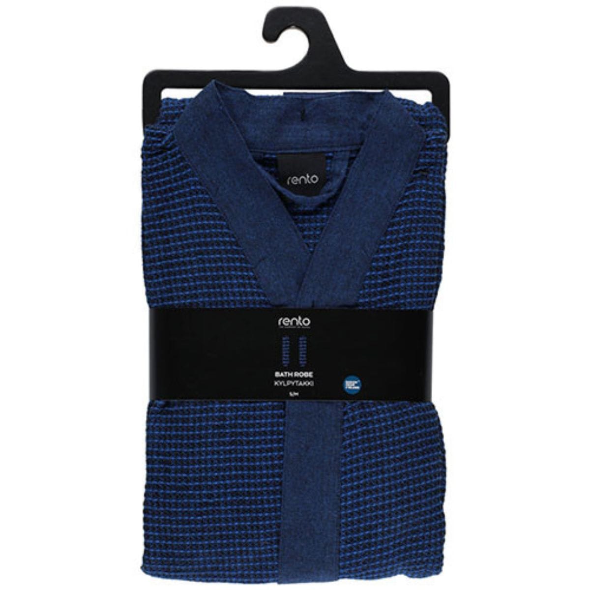 Folded blue garment with a visible brand label on a white background