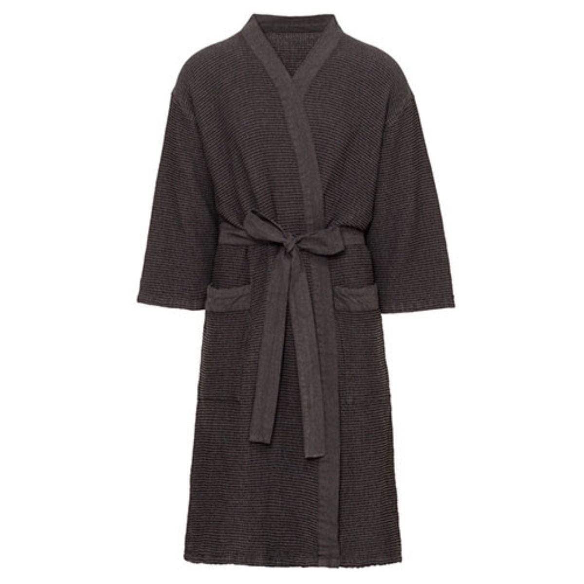 Grey textured robe with a belt on a white background