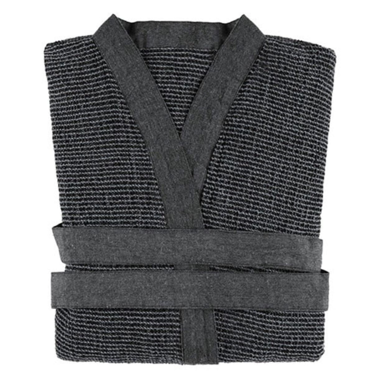 Folded dark gray kimono-style garment on a white background