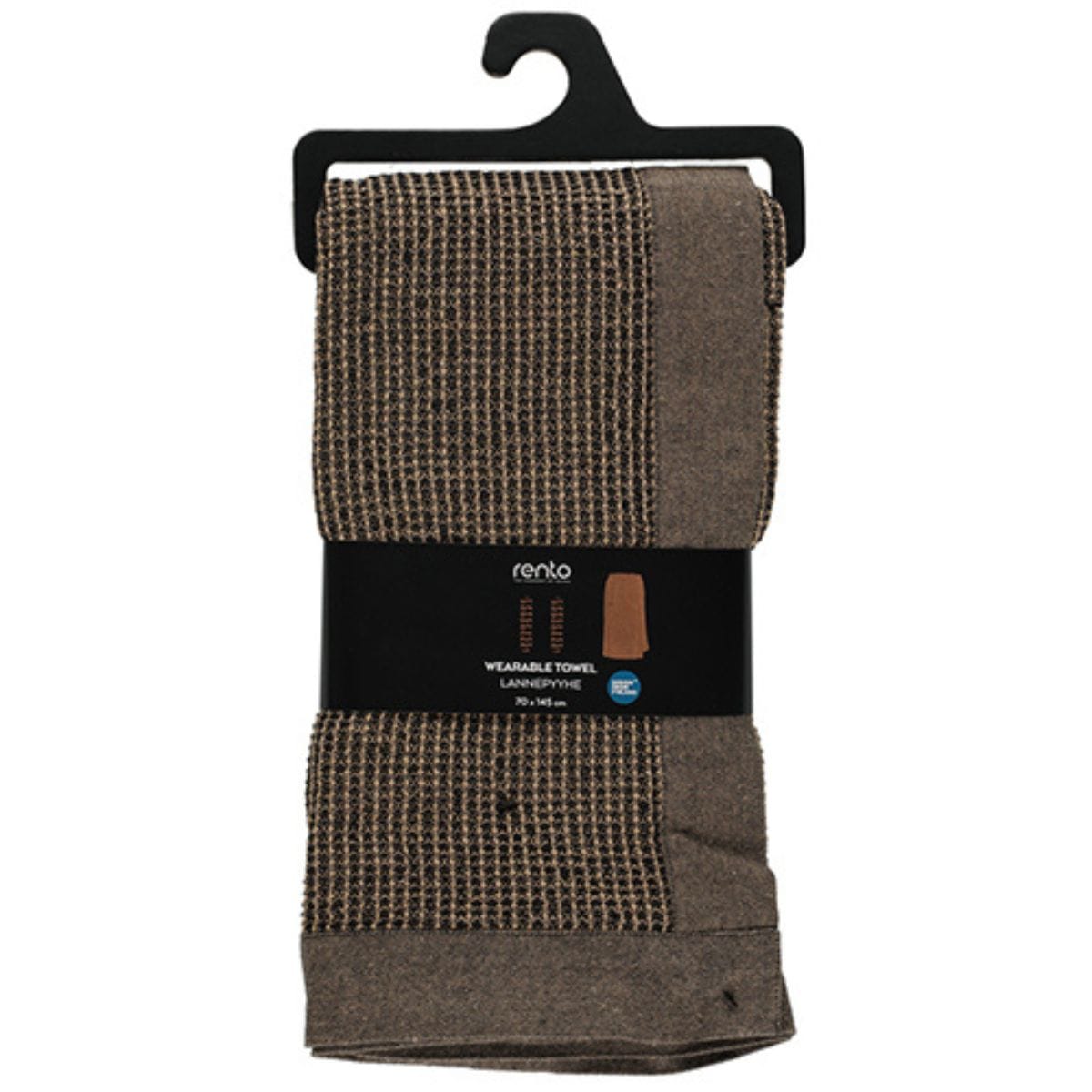 Brown herringbone patterned towel on a hanger with a Rento label.