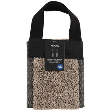 Back scrubber with black handle and textured beige surface, featuring a Rento label.
