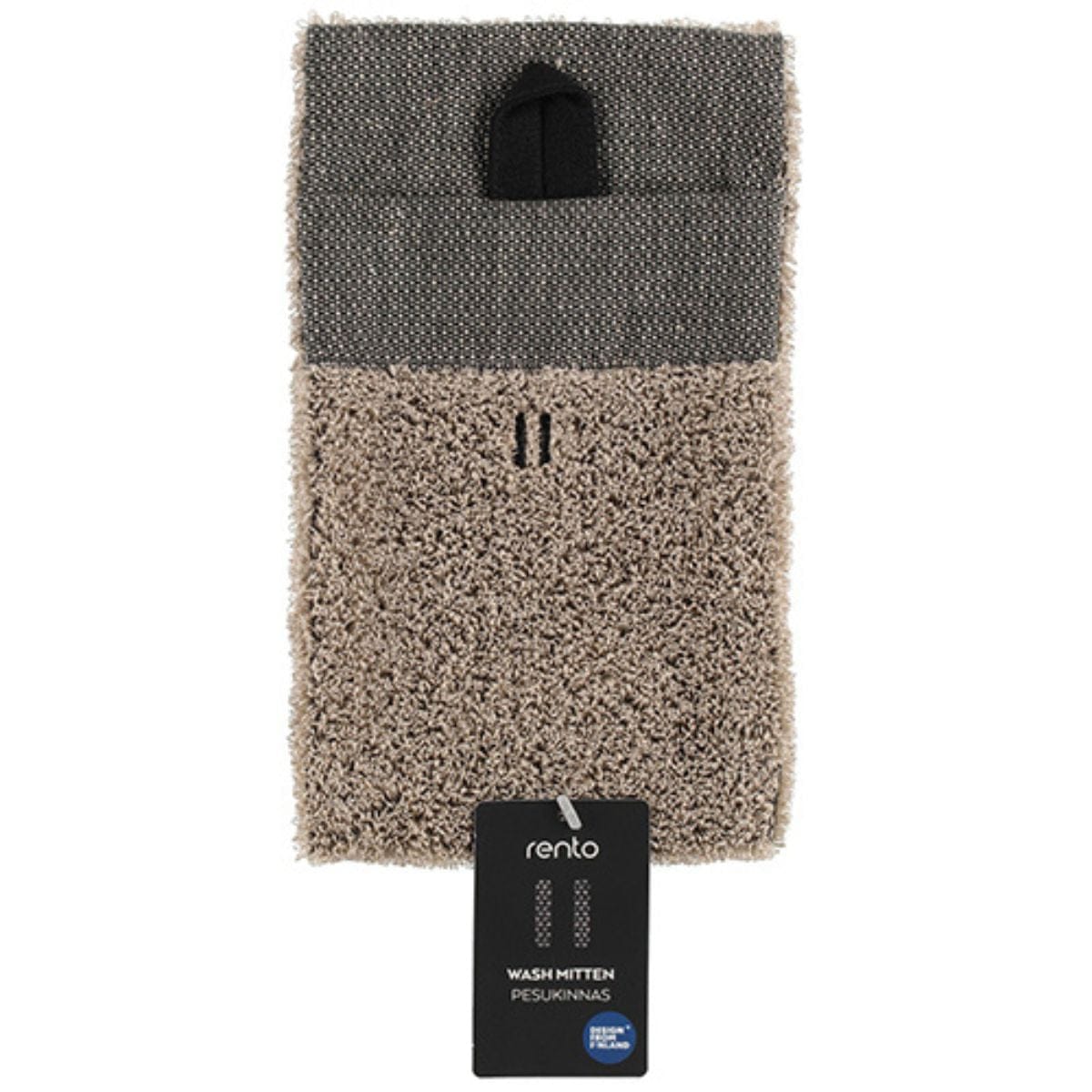 Two textured wash mitts with a rento label on a white background