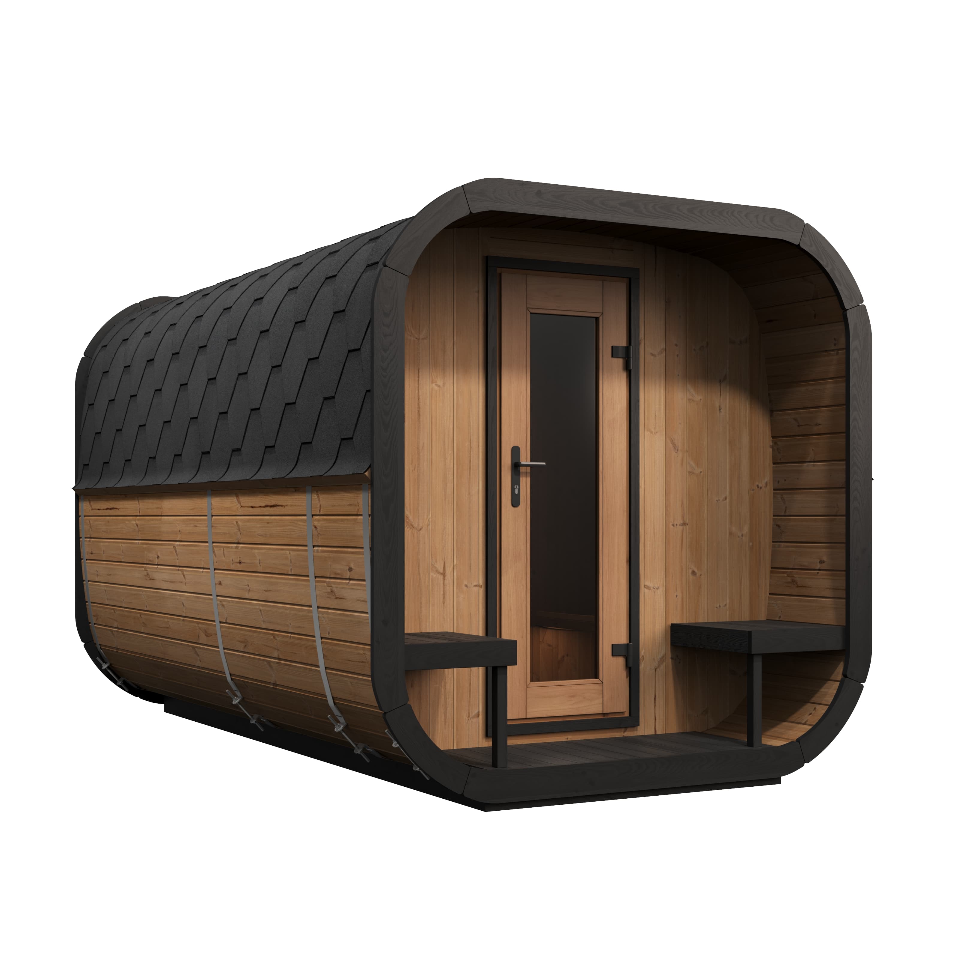 SaunaLife Model CL12GCP outdoor sauna with dressing room and porch