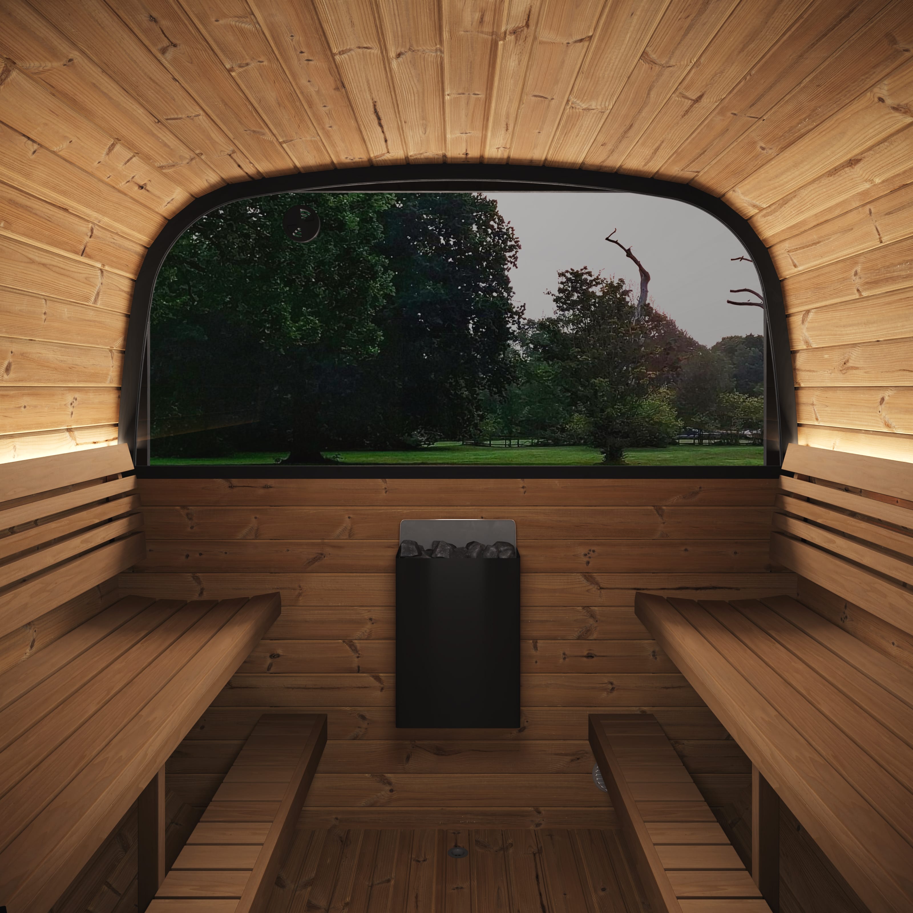 SaunaLife Model CL12GCP outdoor sauna with dressing room and porch