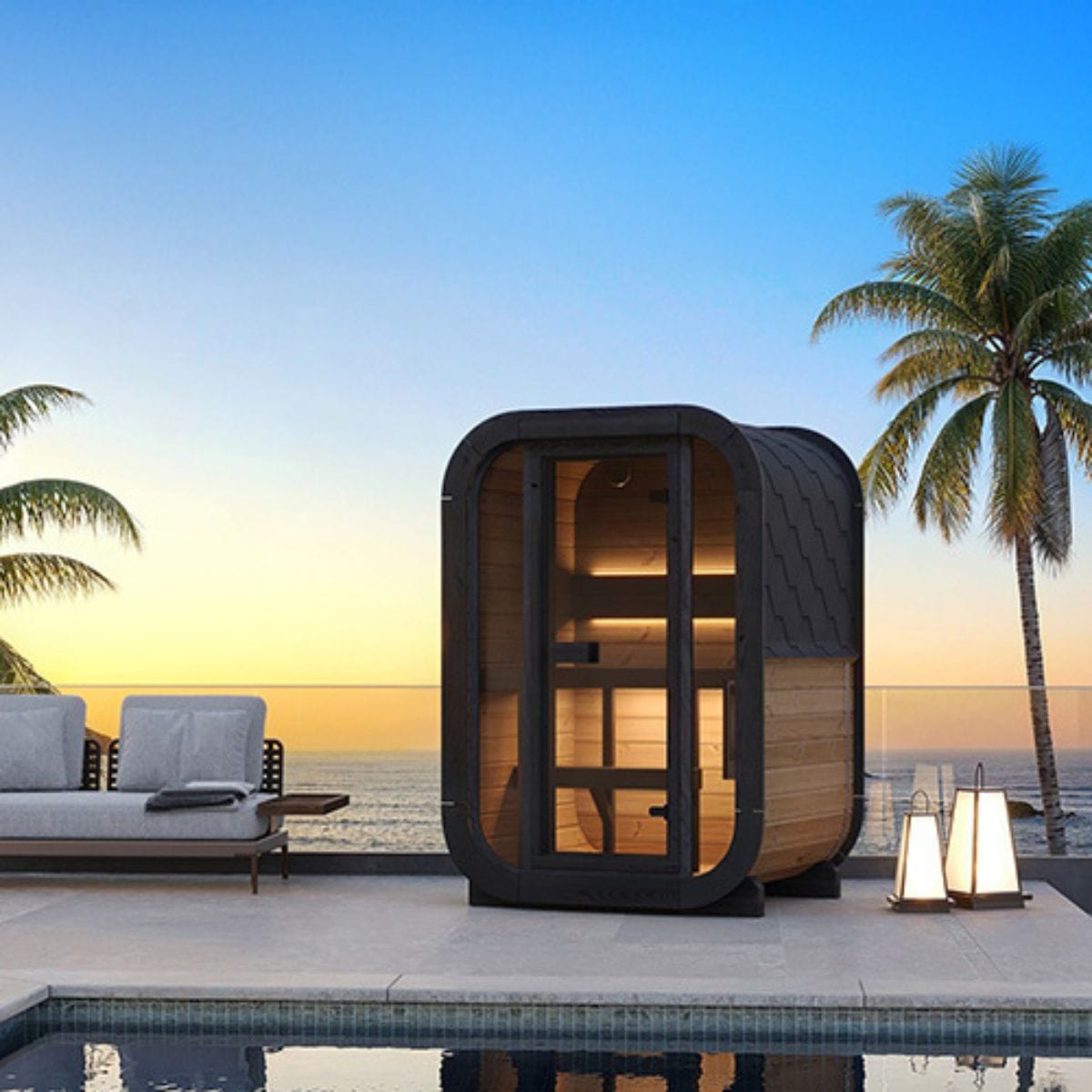 Modern outdoor sauna pod by a pool with palm trees and sunset in the background