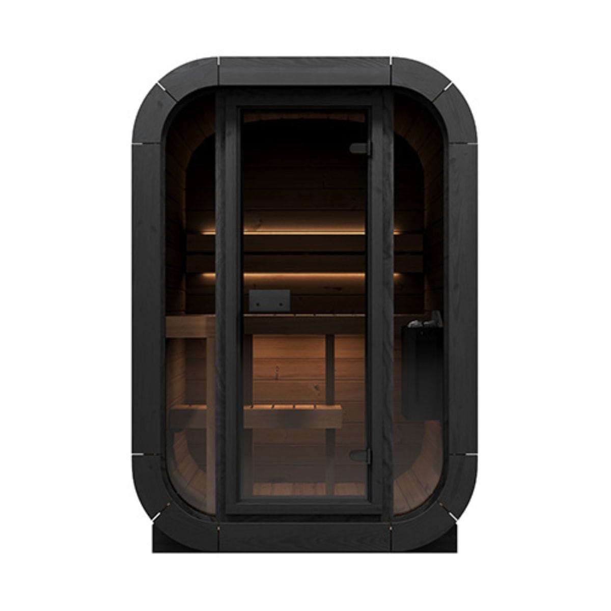 Black-framed glass enclosure with wooden interior on a white background