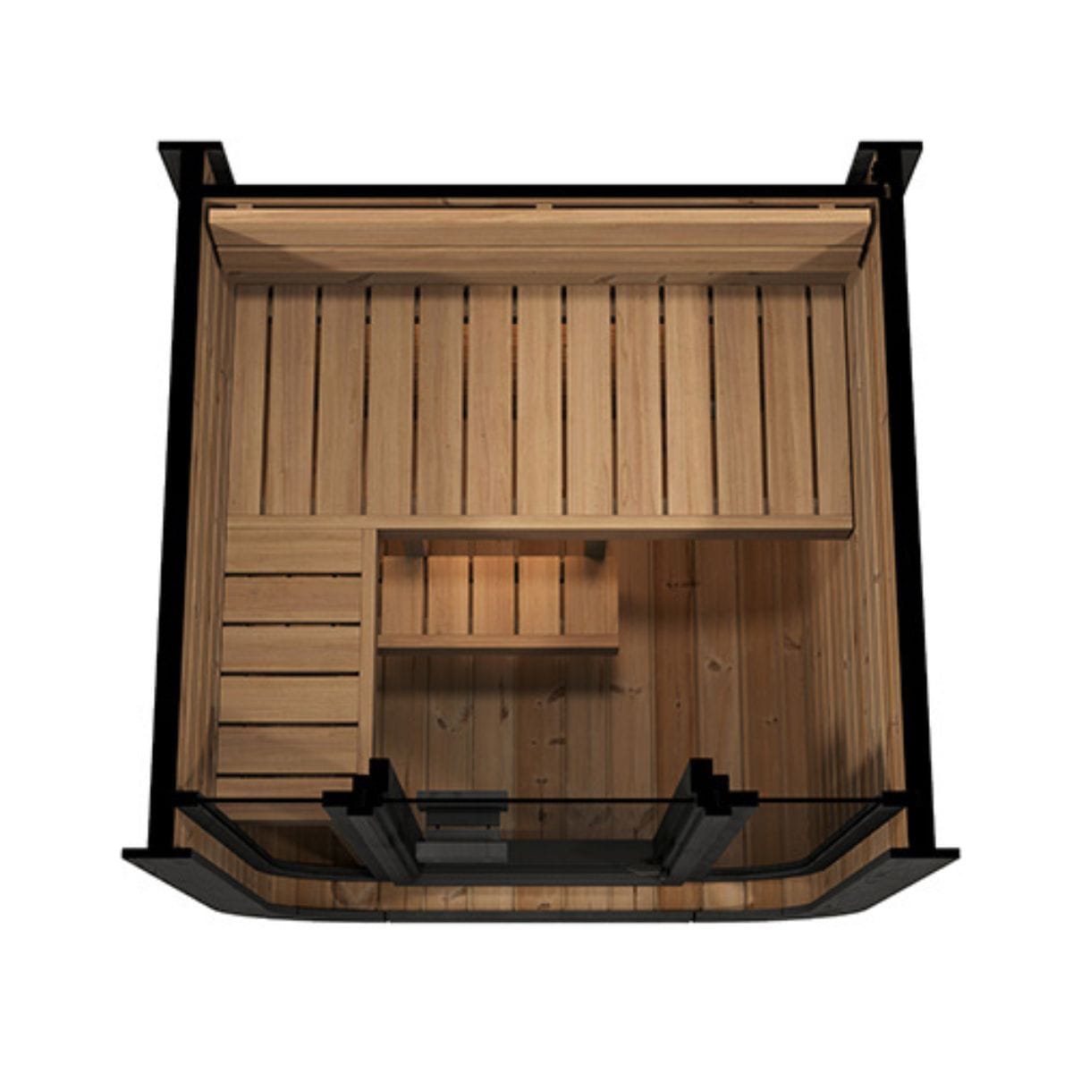 Wooden sauna with black frame on a white background