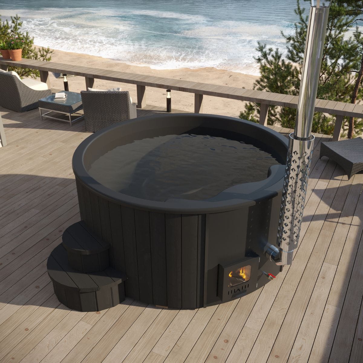 Spacious interior holds over 304 gallons of pure water bathing pleasure