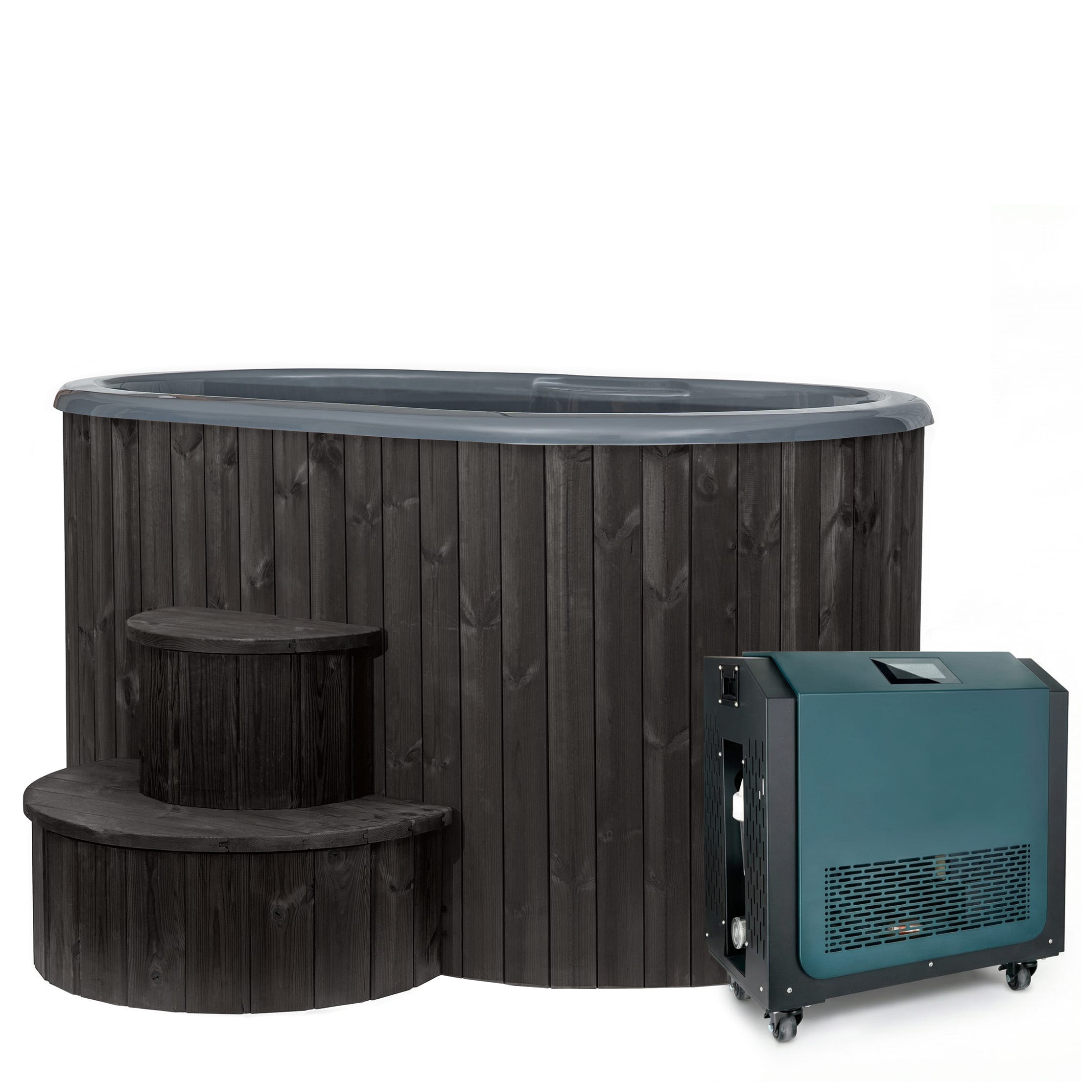 SaunaLife Model S2BC package, two-person black immersion tub with AP-1 chiller/heater
