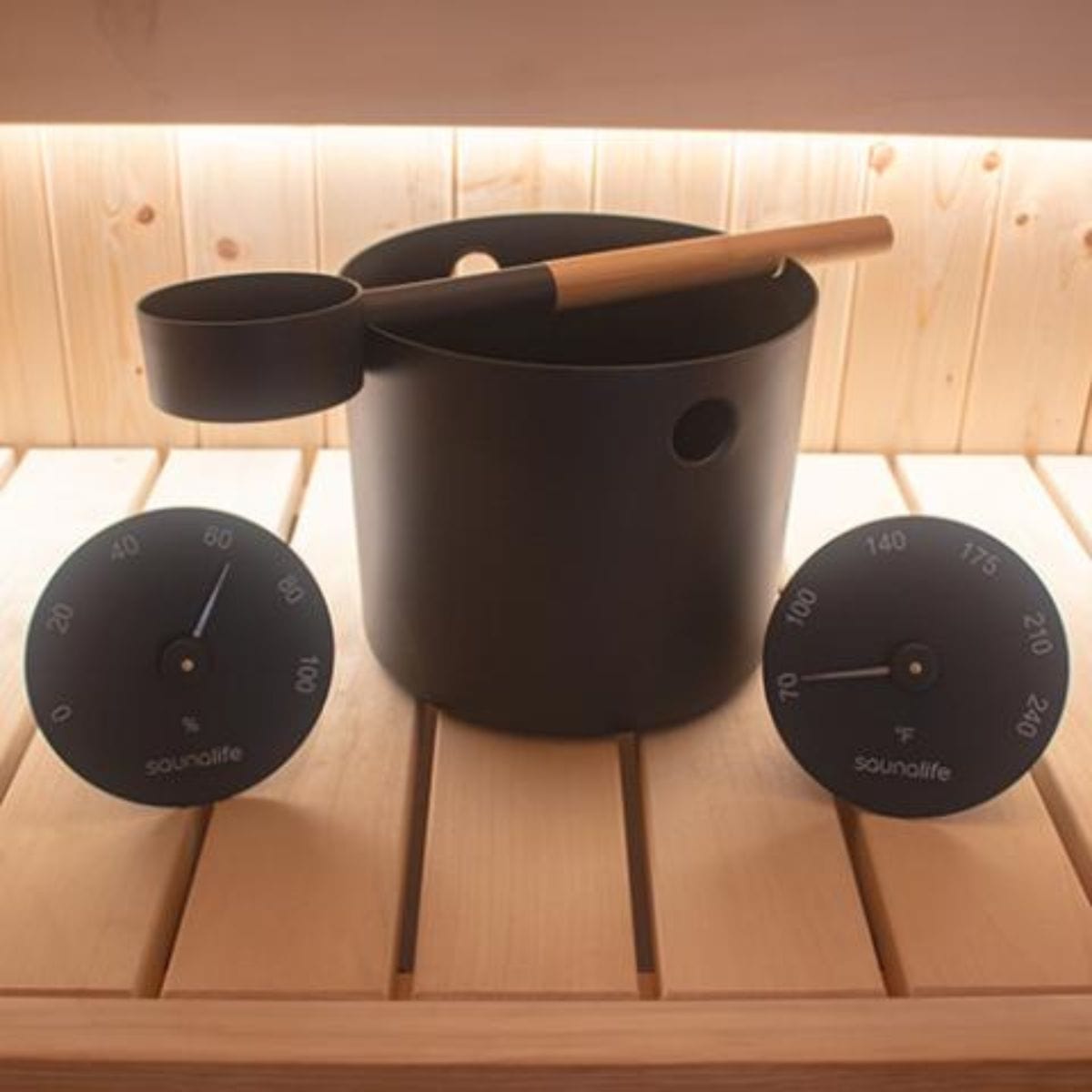 Enjoy a traditional Finnish sauna experience with the essential SaunaLife Accessory Package 5 sauna bucket and ladle set