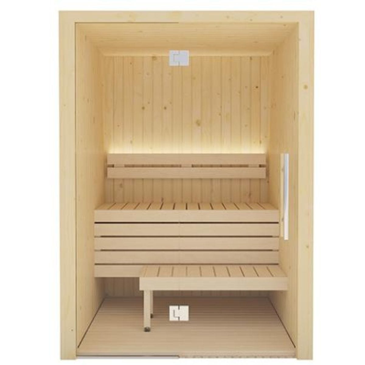 The tempered glass full front wall showcases silky-smooth, furniture-grade Aspen benching and backrest