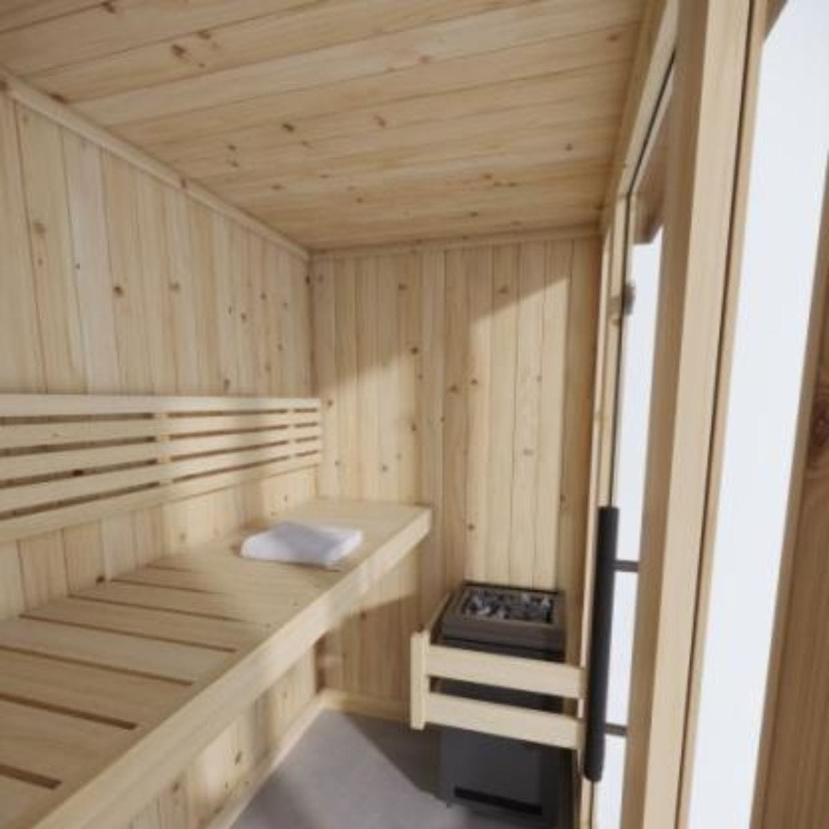 Benches, backrests, and ceiling components come pre-constructed as well