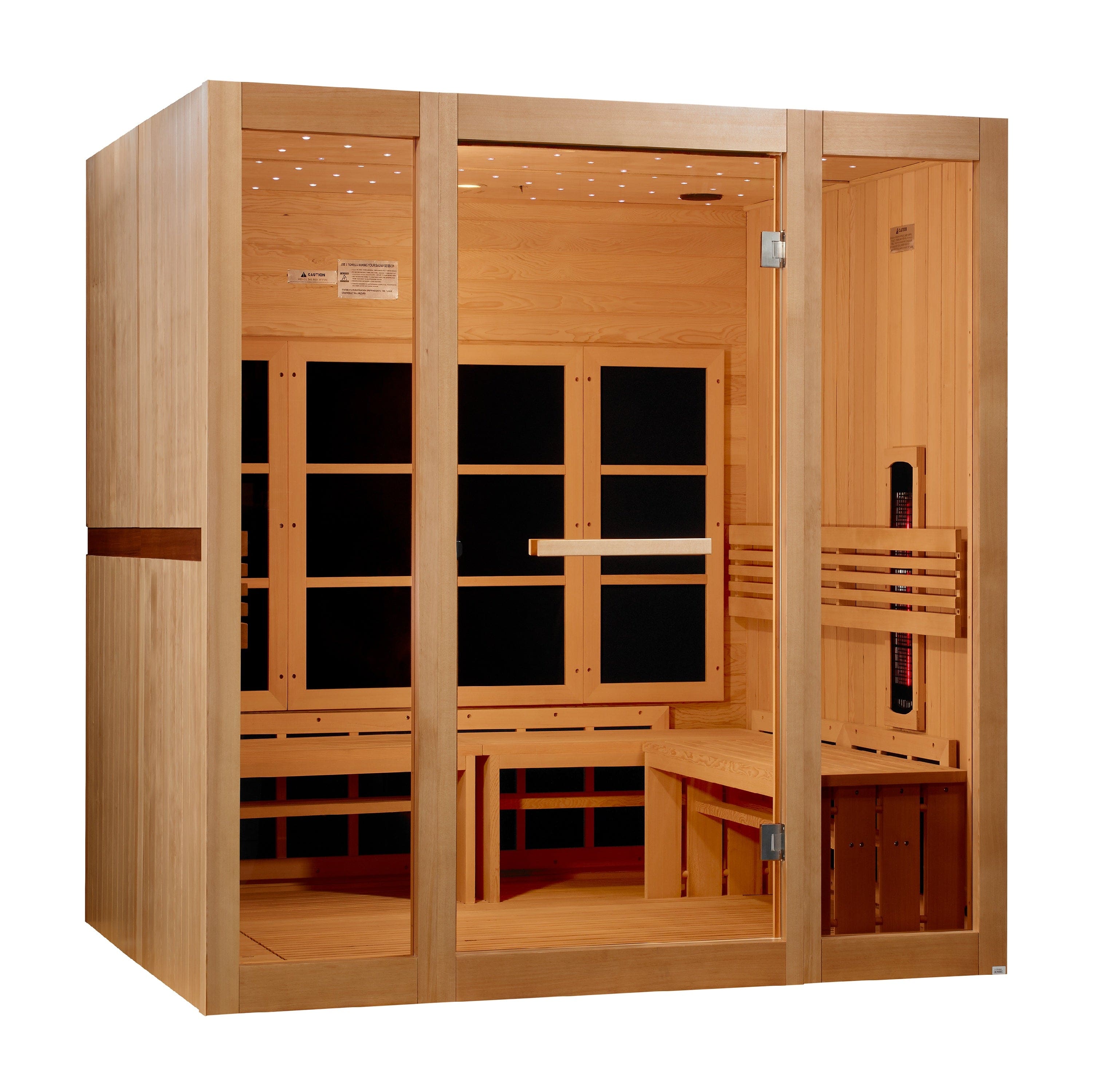 Golden Designs Catalonia 8-Person Full Spectrum PureTech™ Near Zero EMF FAR Infrared Sauna (2026), left angle
