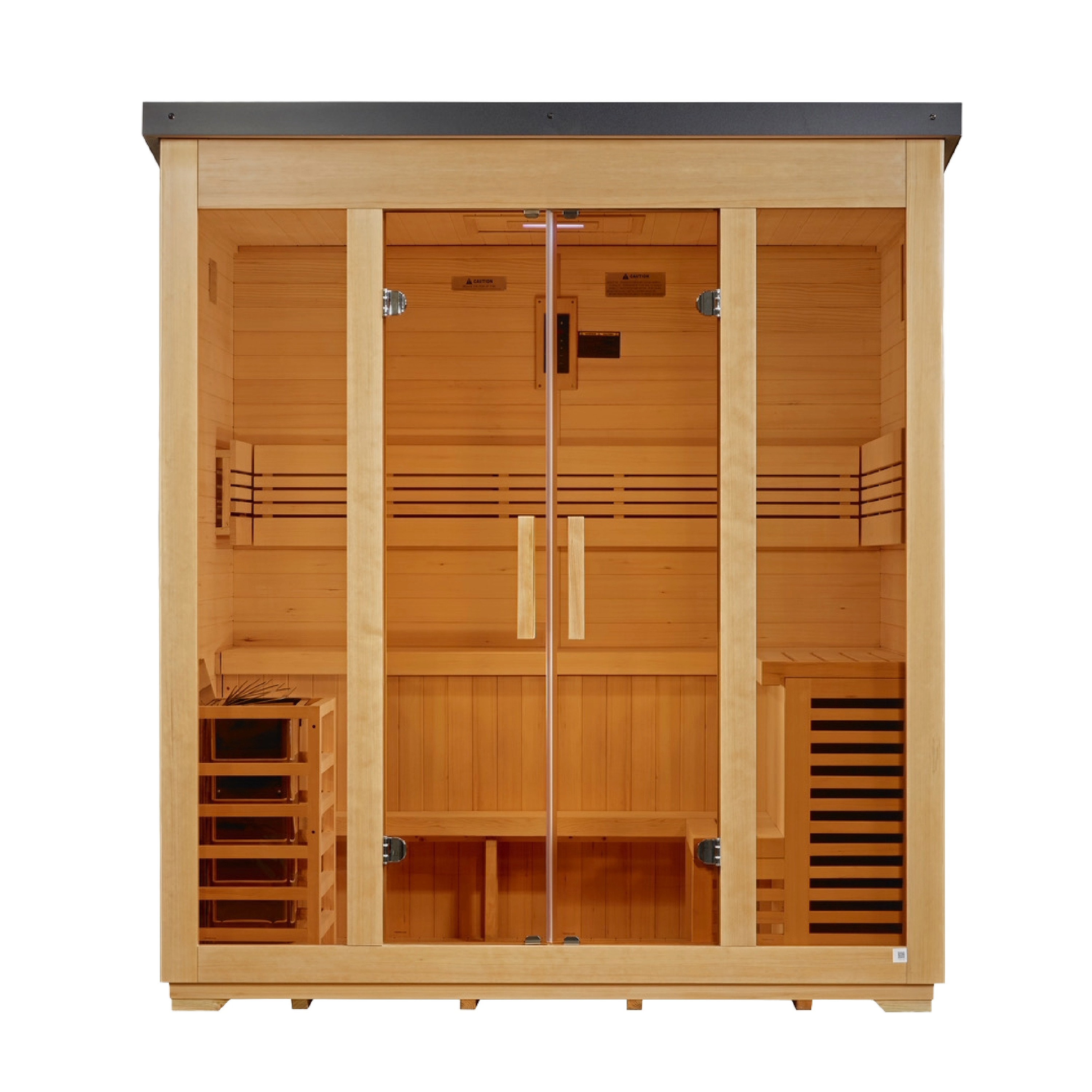 Golden Designs Vorarlberg 2026 sauna front view with bronze privacy tempered glass door