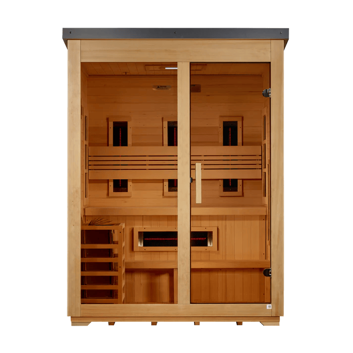 Golden Designs Carinthia flat roof outdoor sauna GDI-8023-01, front view showing bronze privacy tempered glass door