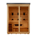 Golden Designs Carinthia flat roof outdoor sauna GDI-8023-01, front view showing bronze privacy tempered glass door
