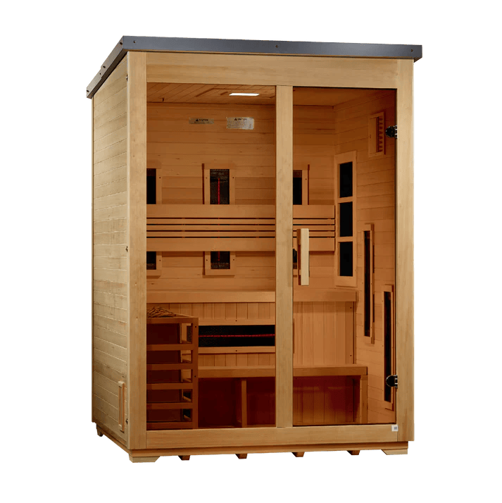 Golden Designs Carinthia 3-Person flat roof hybrid outdoor sauna, left angle view with black roof and bronze glass front