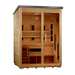 Golden Designs Carinthia 3-Person flat roof hybrid outdoor sauna, left angle view with black roof and bronze glass front