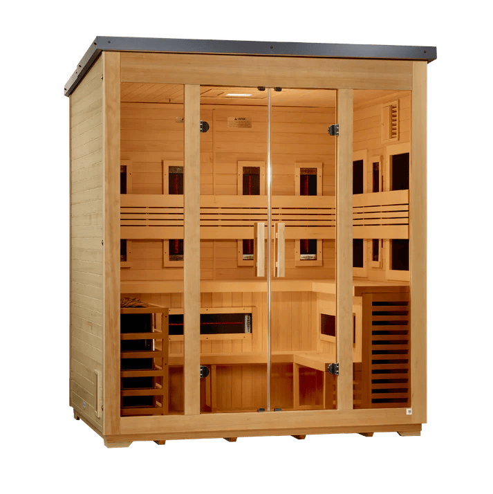 Golden Designs Gargellen 5-Person flat roof hybrid outdoor sauna, left angle view with black roof and bronze glass front
