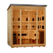 Golden Designs Gargellen 5-Person flat roof hybrid outdoor sauna, left angle view with black roof and bronze glass front