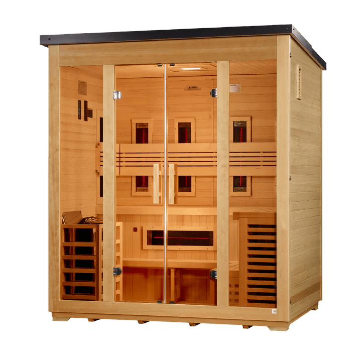 Golden Designs Gargellen flat roof outdoor sauna, right angle view showing Canadian Hemlock panels and flat black roof