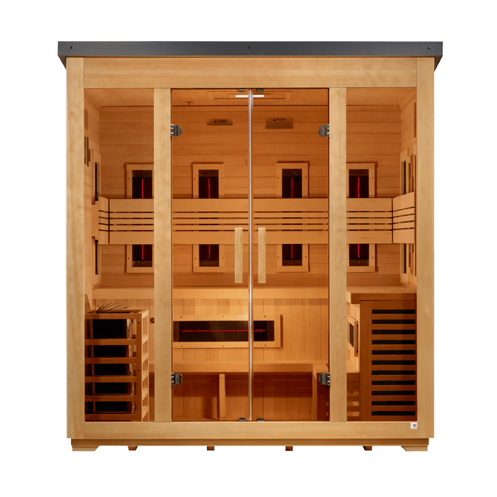 Golden Designs Gargellen flat roof outdoor sauna GDI-8025-01, front view showing bronze privacy tempered glass door