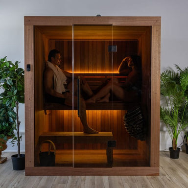 Dundalk CT Element Loft indoor sauna with two bathers behind the full-glass front
