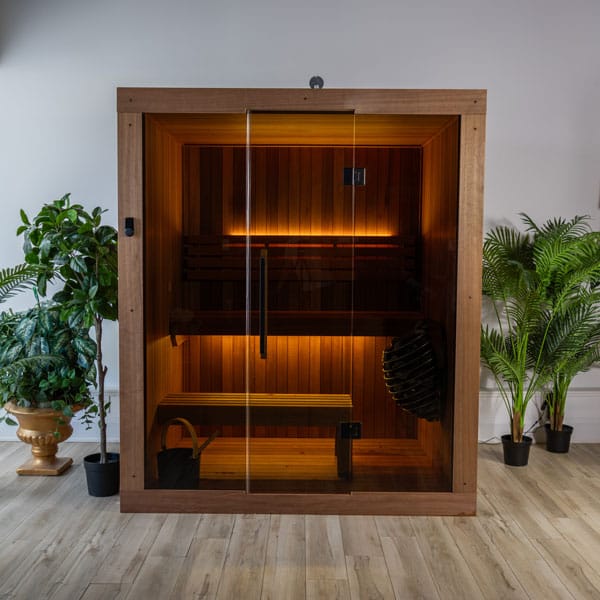 CT Element Loft indoor sauna, front view with warm interior lighting