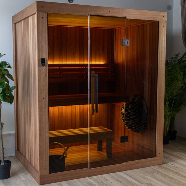 CT Element Loft glass door open, showing the two-level benches and heater
