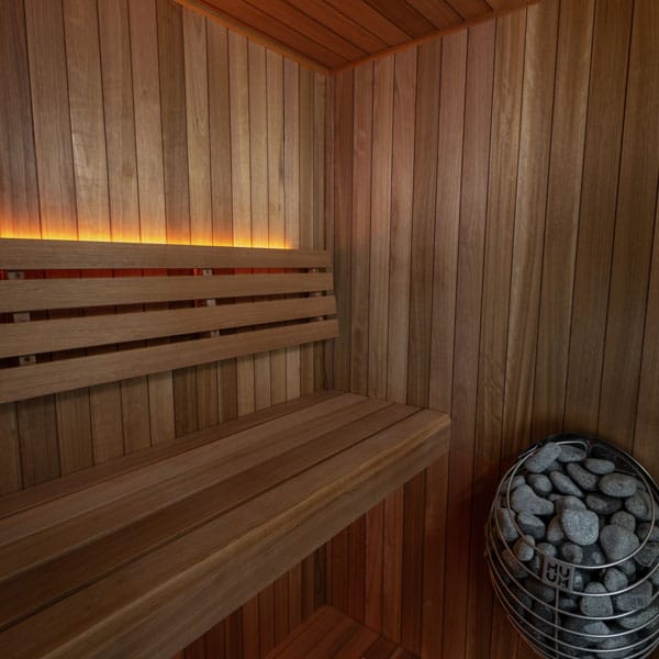 Inside the CT Element Loft: upper and lower Thermo Grandis benches and the heater stones