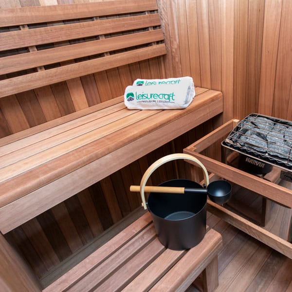 CT Element Nook lower bench with the electric heater and sauna bucket