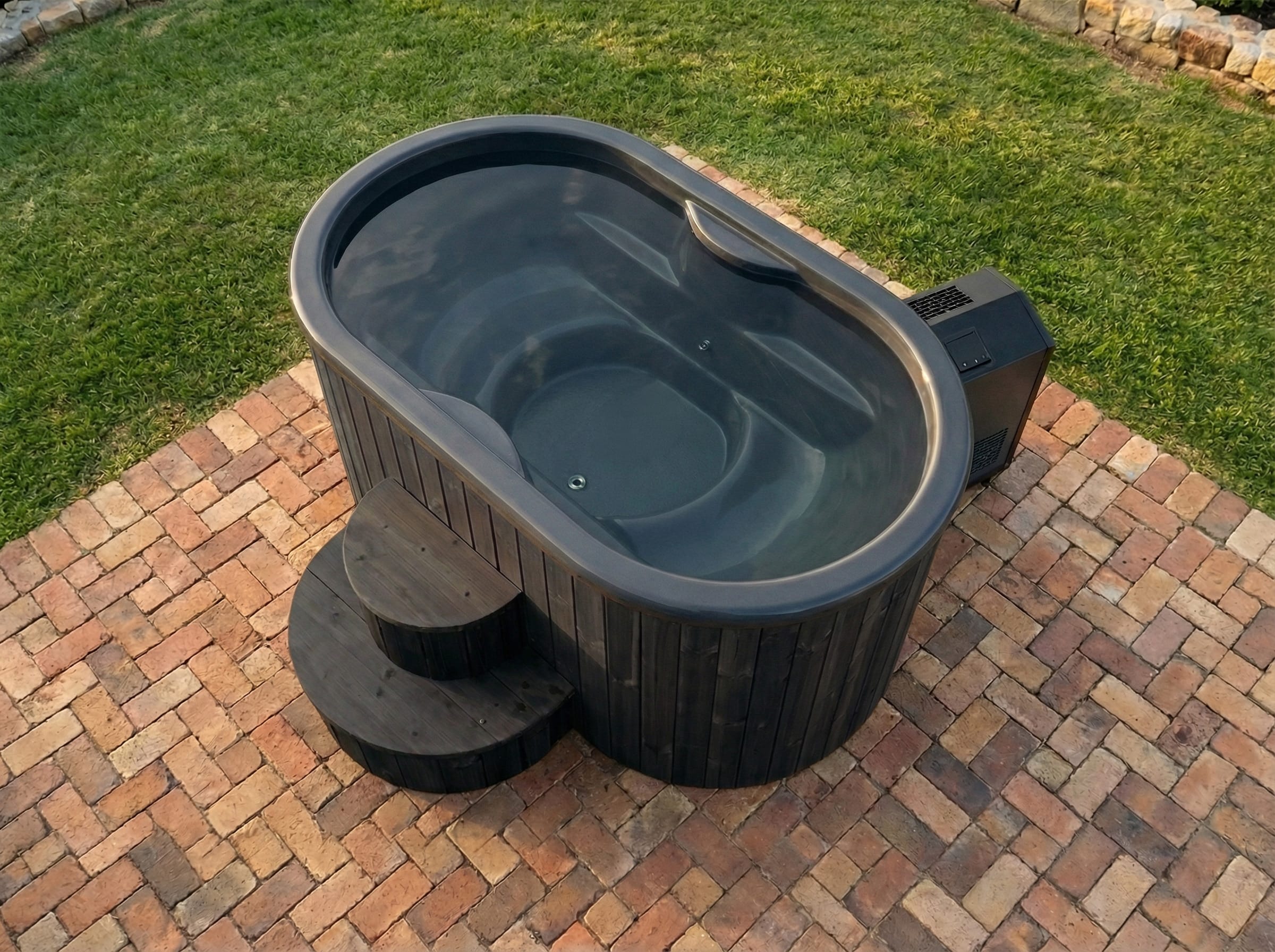 SaunaLife Model S2BC package, two-person black immersion tub with AP-1 chiller/heater