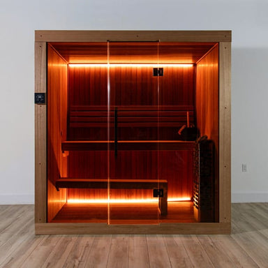 CT Element Studio front view: 10 mm glass door and window, two-level benches, heater