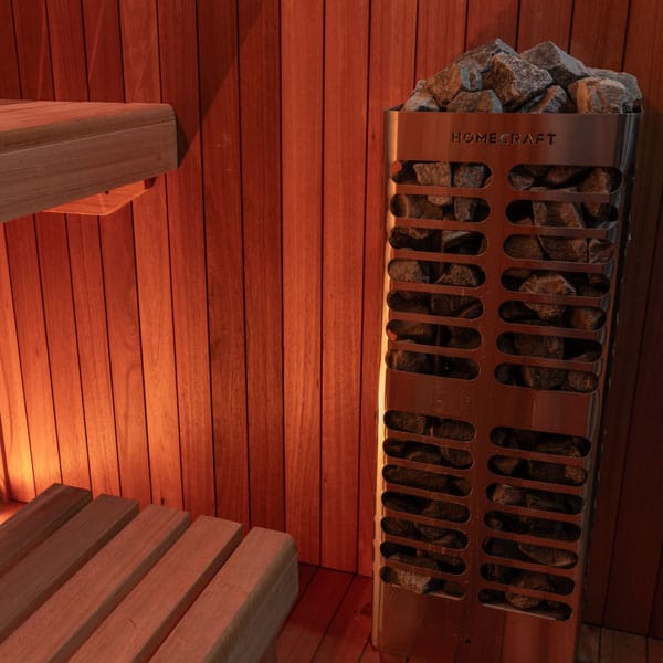 Electric sauna heater and stones in the corner of the CT Element Studio